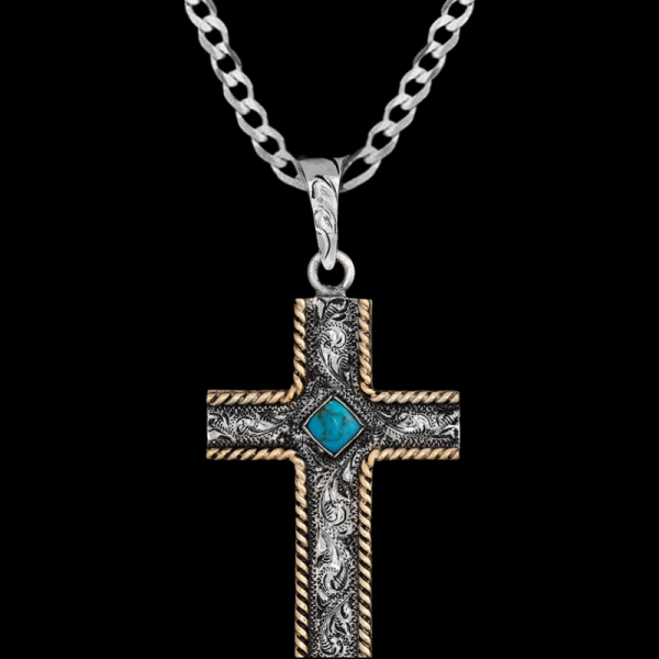Discover our Matthew Cross Pendant Necklace.  Simple yet beautiful German Silver cross with a square turquoise and bronze rope frame. Pair it with a special discount sterling silver chain today!